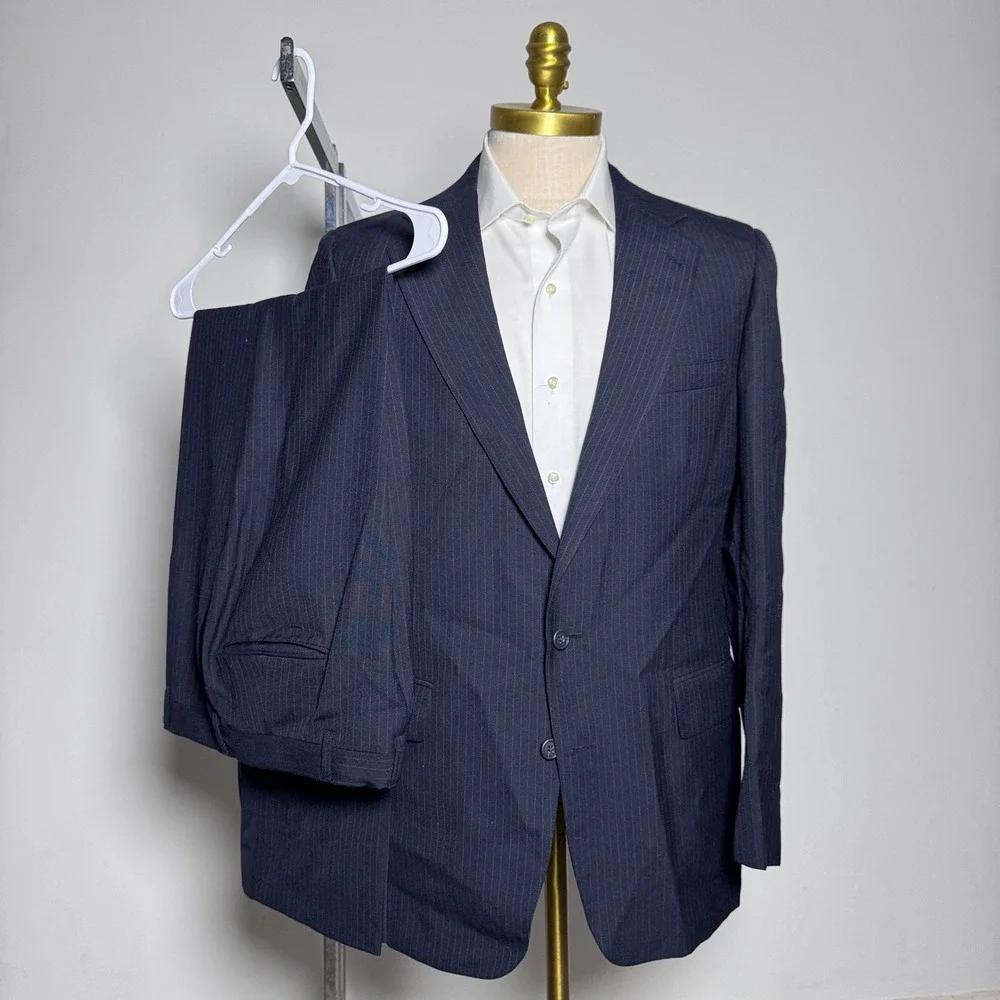 CRICKETEER Mens‎ Pinstripe Wool Blend Suit 42R 33W 2pc Navy Business Formal